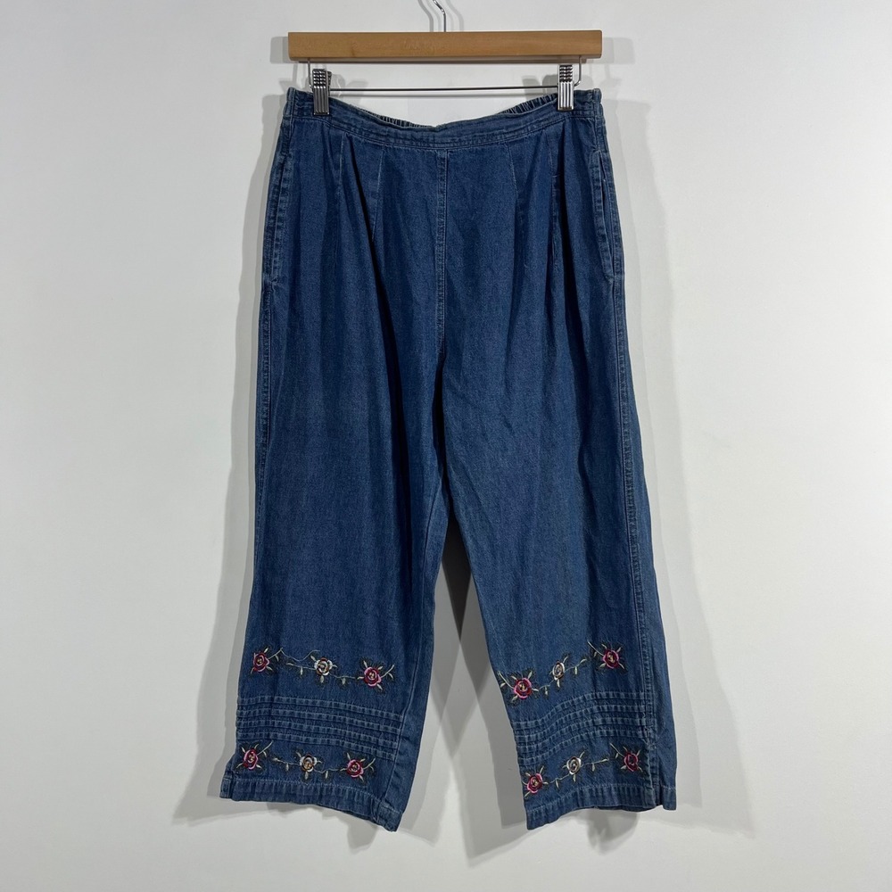 Vintage‎ MPH Boho Cottagecore Embroidered Denim Crop Pants Wide Leg Womes Large